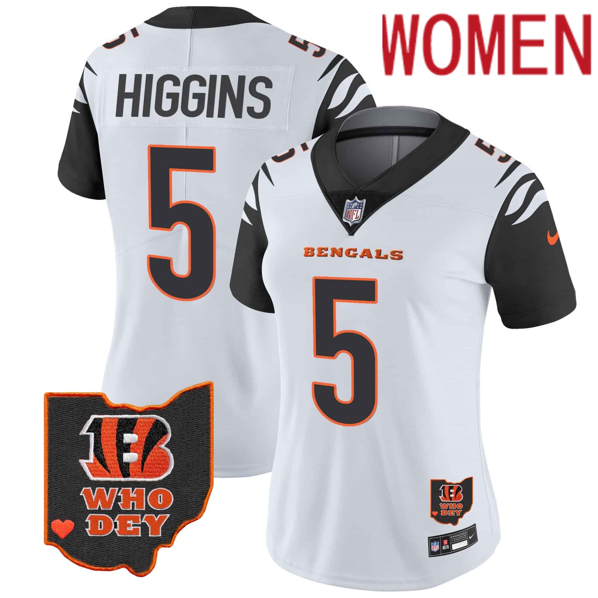 Women Cincinnati Bengals #5 Higgins White 2024 Nike Patch Vapor Limited NFL Jersey style 1